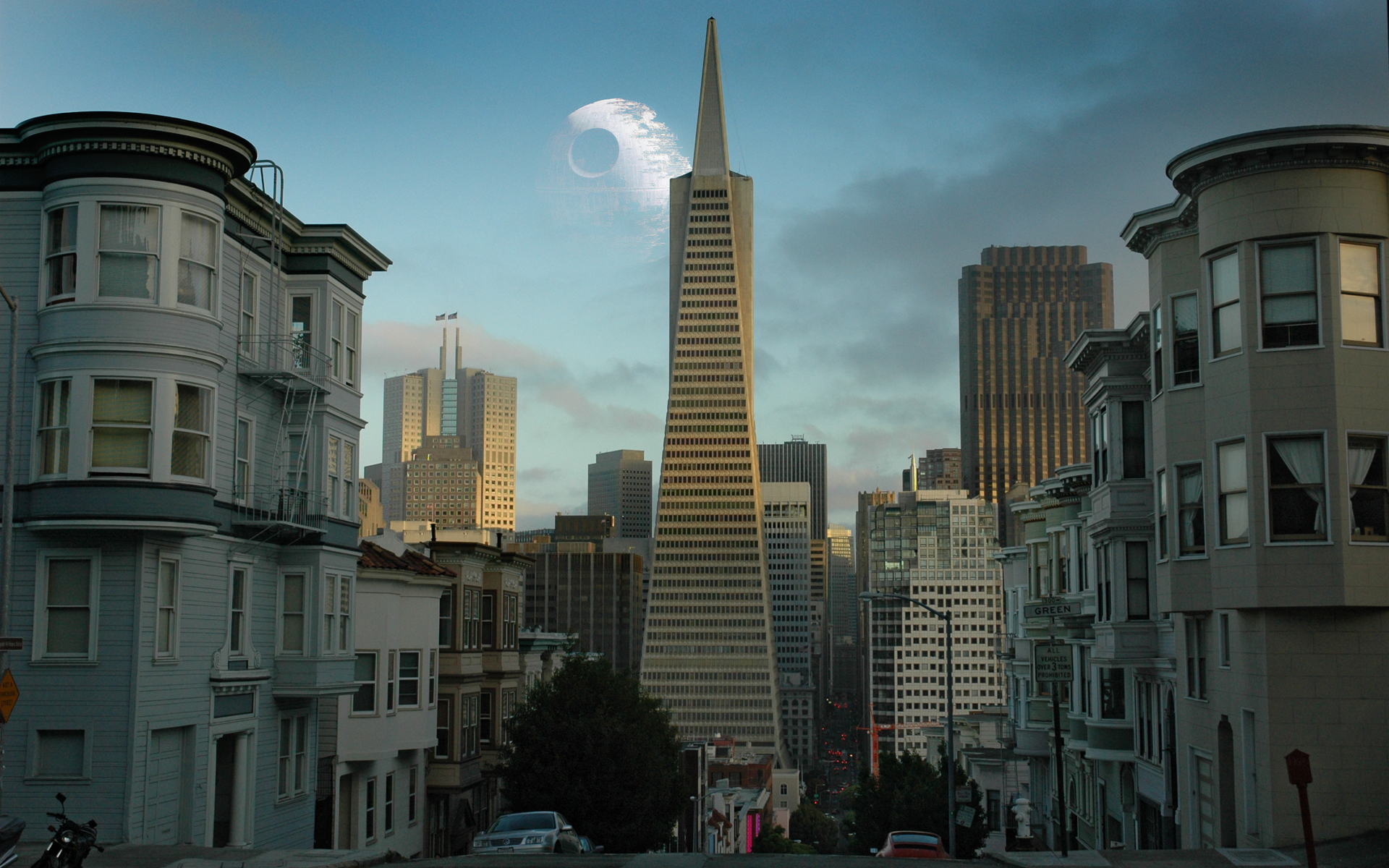 San Francisco skyline with Death Star wallpaper