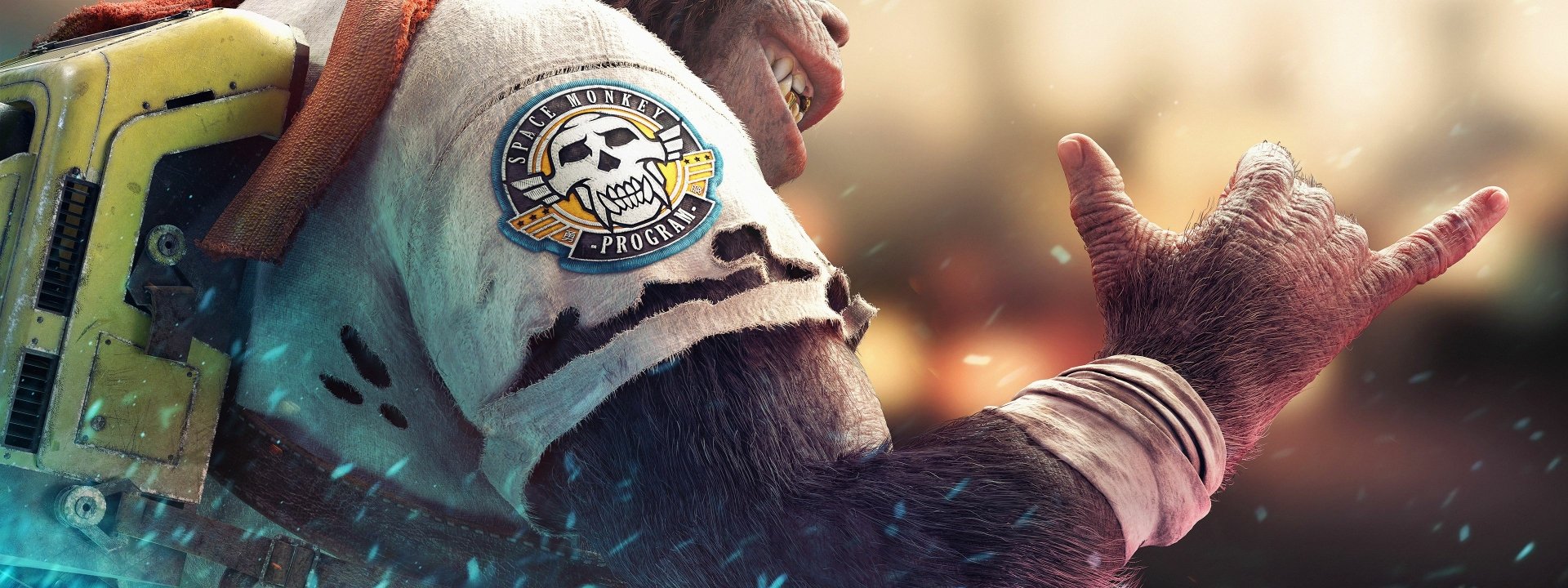 Close-up of an ape-like character in a torn jacket with a skull patch, reaching out — video game Beyond Good & Evil 2, 2K Quad HD PC desktop wallpaper.