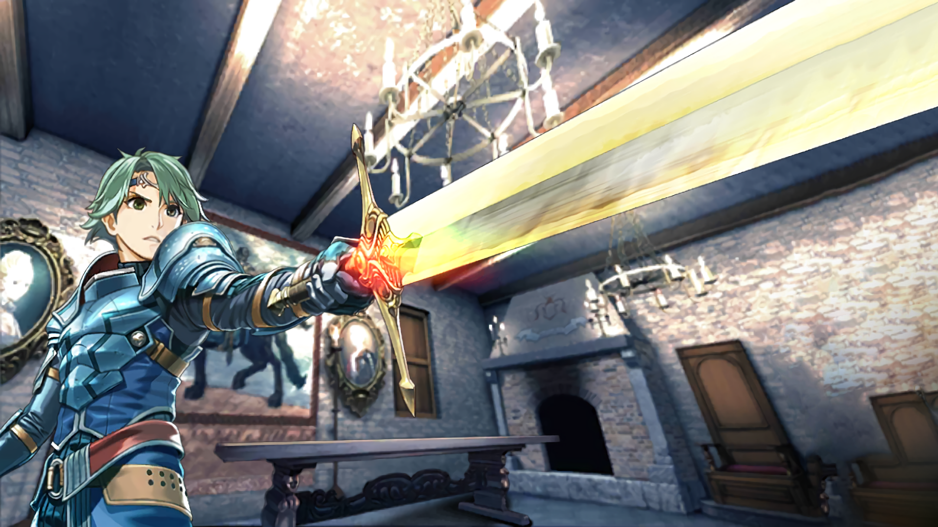 Alm from Fire Emblem Echoes: Shadows of Valentia wields a glowing sword inside a medieval stone chamber in this HD PC desktop wallpaper.