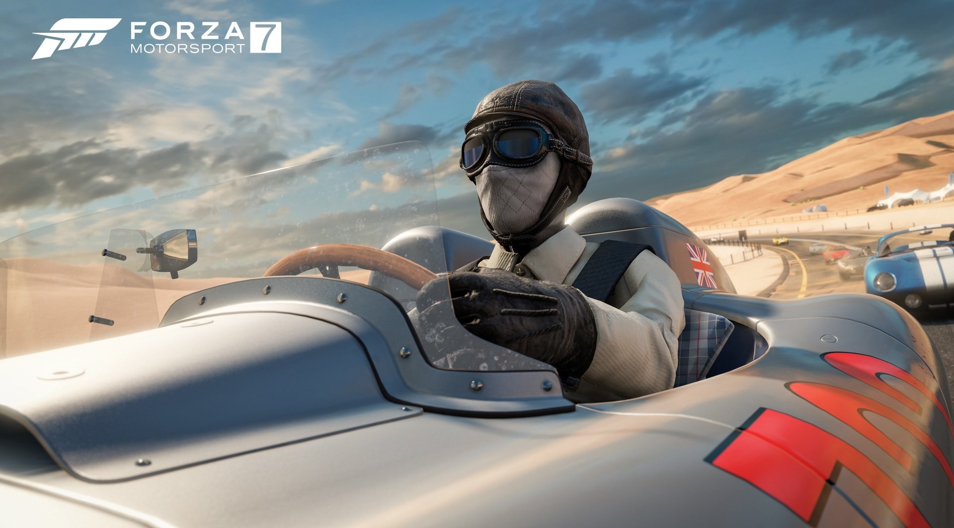 HD desktop wallpaper featuring a vintage race car and driver from the video game Forza Motorsport 7, showcasing detailed graphics and a desert racing scene.