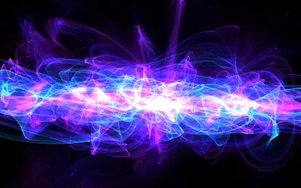 Abstract HD desktop wallpaper featuring a vibrant fractal pattern with waves of purple and blue, creating a cool, textured CGI design that radiates light and intricate shapes.