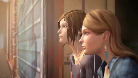 HD desktop wallpaper featuring Rachel Amber and Chloe Price from Life Is Strange: Before The Storm, showing their brown hair, blue eyes, and earrings in a close-up scene.