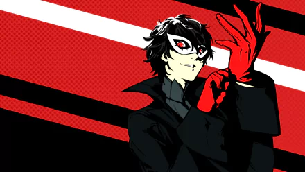 HD wallpaper featuring Joker (Persona) a.k.a. Akira Kurusu from the video game Persona 5, confidently posing with red gloves on a bold red, black, and white background.