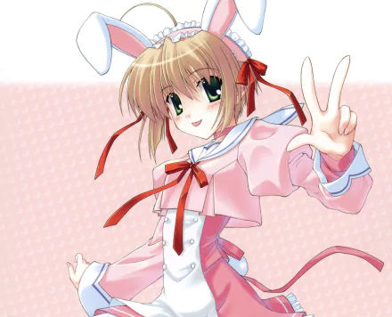 ribbon brown hair short hair green eyes bunny ears Anime Original HD Desktop Wallpaper | Background Image