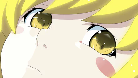HD PC desktop wallpaper featuring a close-up of Shinobu Oshino from the Monogatari anime series with vibrant yellow hair and expressive amber eyes.