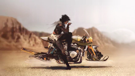 A cyberpunk-themed scene from Beyond Good & Evil 2 shows a character in futuristic gear sitting on a hybrid motorcycle-snowmobile against a sci-fi desert backdrop.