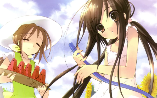 HD PC wallpaper: Chigusa Sakai and Shana (Shakugan No Shana) in an anime summer scene — white dresses, watermelon, sunflowers and a bright blue sky.