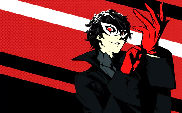 HD wallpaper featuring Joker (Persona) a.k.a. Akira Kurusu from the video game Persona 5, confidently posing with red gloves on a bold red, black, and white background.