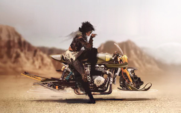 A cyberpunk-themed scene from Beyond Good & Evil 2 shows a character in futuristic gear sitting on a hybrid motorcycle-snowmobile against a sci-fi desert backdrop.