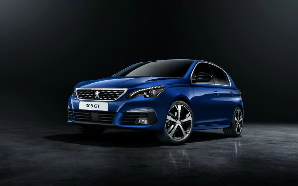 A sleek blue Peugeot 308 GT car showcased against a dark background in 4K Ultra HD, designed as a crisp PC desktop wallpaper and background.