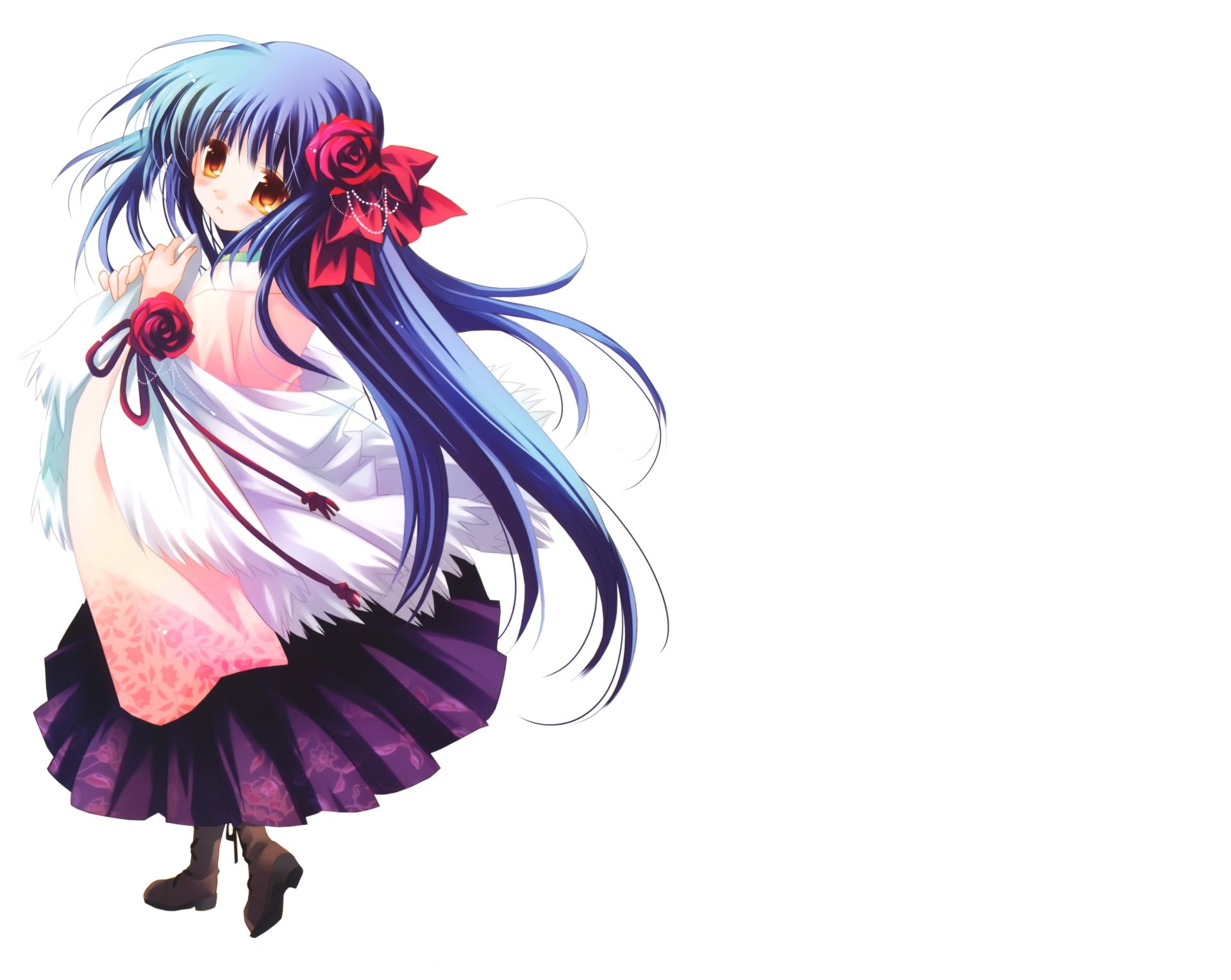 Download Blush Orange Eyes Ribbon Flower Kimono Blue Hair Long Hair Anime Original 8k Ultra HD Wallpaper by Sakurazawa Izumi