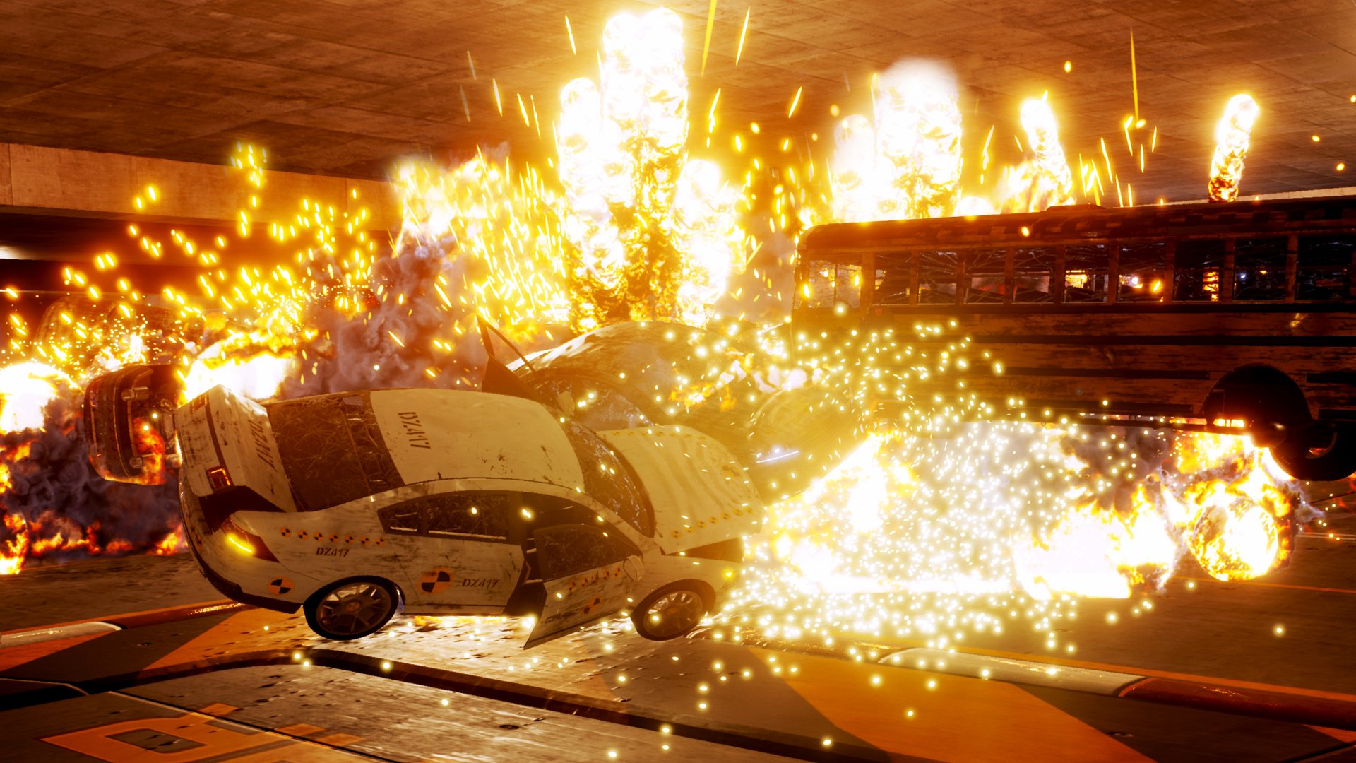 HD wallpaper of a high-octane danger zone with an explosive scene featuring a car accident and intense flames.