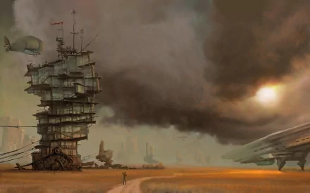 HD desktop wallpaper featuring a steampunk tower with mechanical structures under clouded skies, evoking sci-fi vibes.