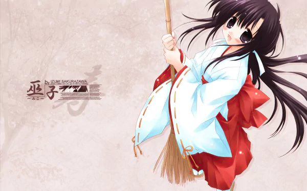 purple eyes purple hair blush smile ribbon broom miko outfit long hair Anime Original HD Desktop Wallpaper | Background Image