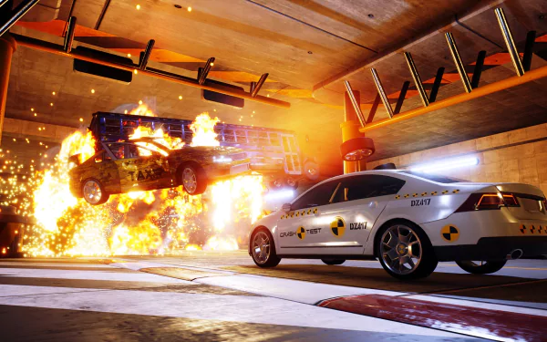 HD wallpaper featuring an explosive action scene with cars in a danger zone.
