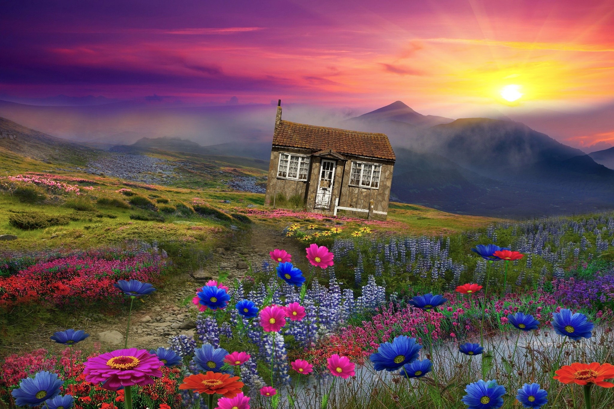 Дом солнца сад. Домик в цветах. Яркий пейзаж. Красивый пейзаж с домиком. Пейзаж горы.