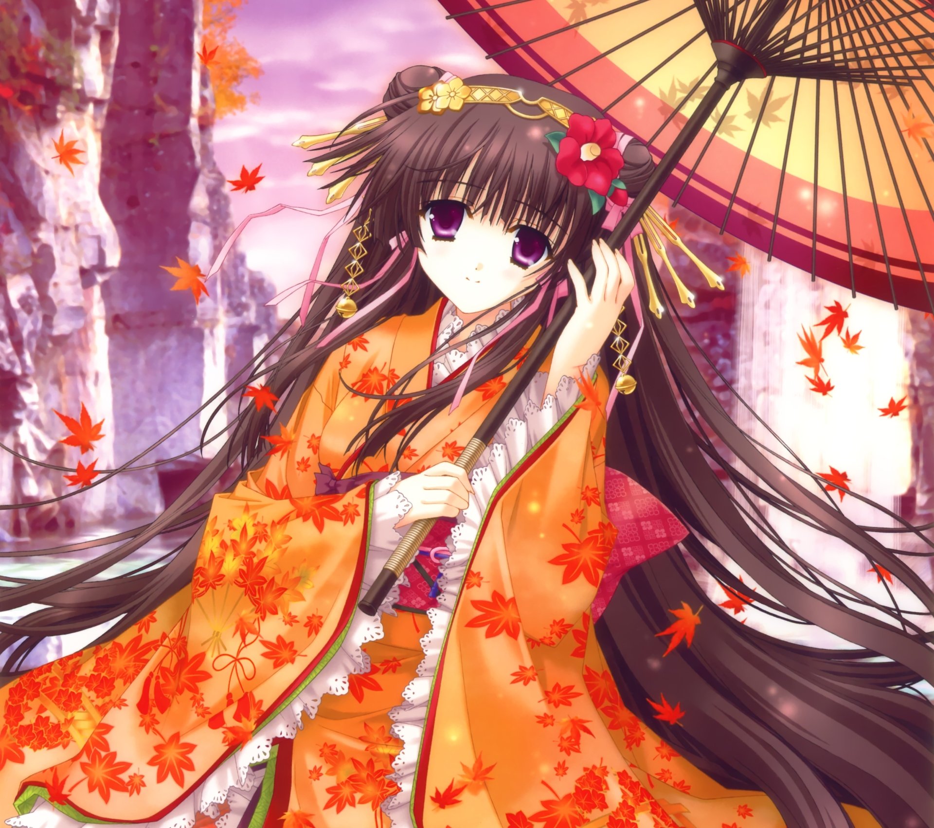 Anime-style original HD desktop wallpaper featuring a girl with long brown hair, purple eyes, a headdress, and a parasol, surrounded by autumn leaves and ribbons.