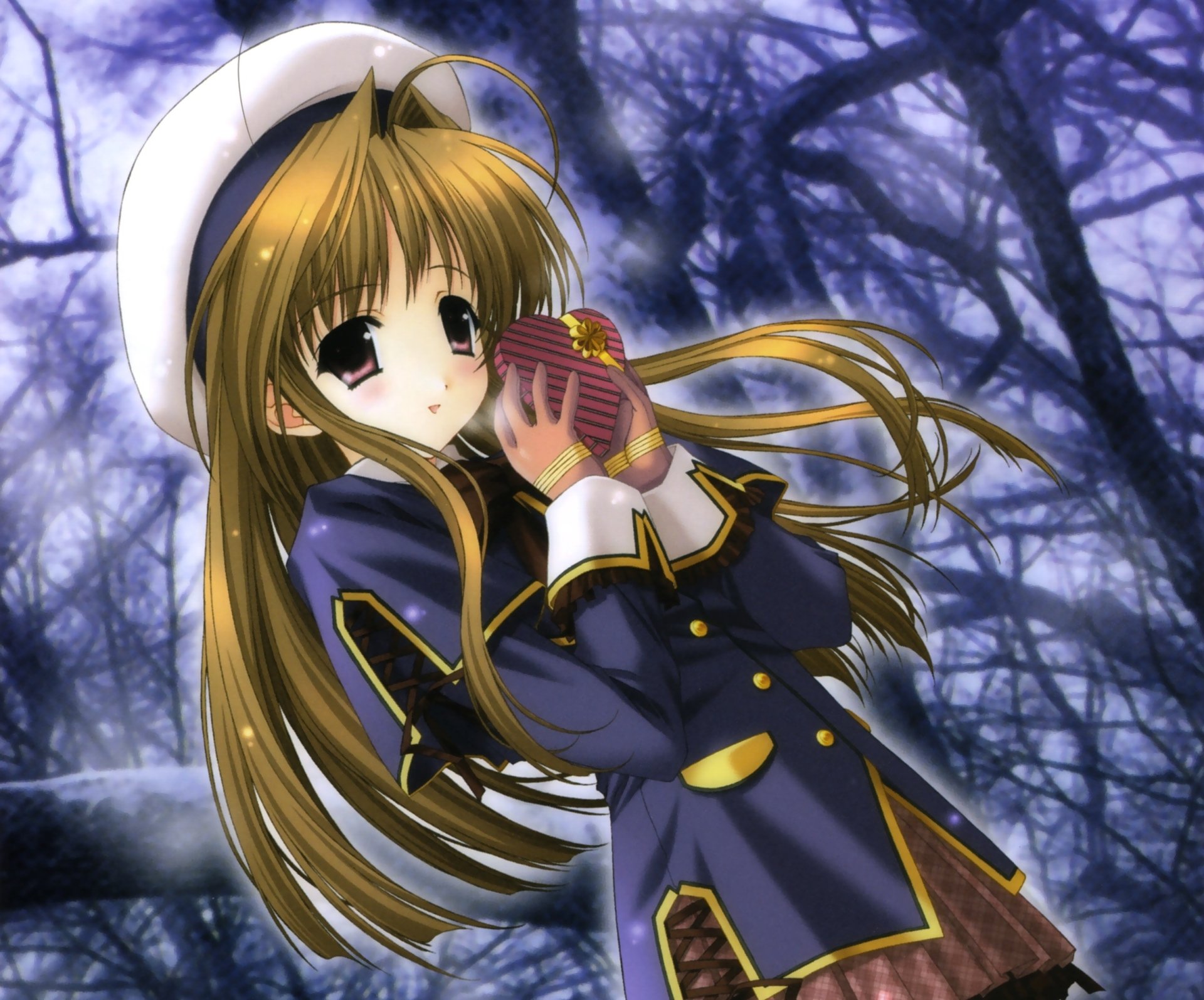 Download Ribbon Smile Red Eyes Tree Brown Hair Long Hair Glove Hat Gift Anime Original HD Wallpaper by Kimizuka Aoi