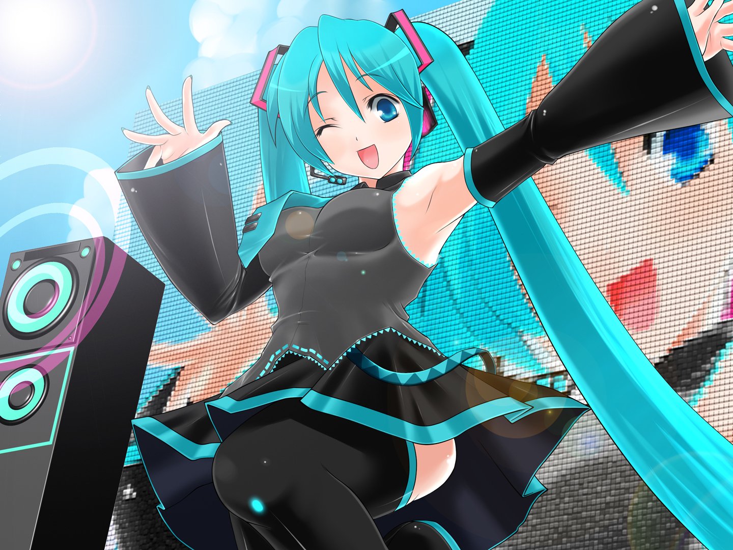 Hatsune Miku, the iconic Vocaloid character, dazzles in this vibrant HD anime wallpaper, showcasing her playful spirit against a backdrop of colorful visuals and music elements.