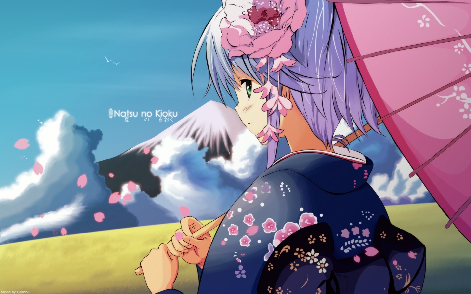 Anime original: blushing girl with short purple hair in a floral kimono, holding a pink parasol amid cherry blossoms with Mount Fuji and clouds — HD PC desktop wallpaper.