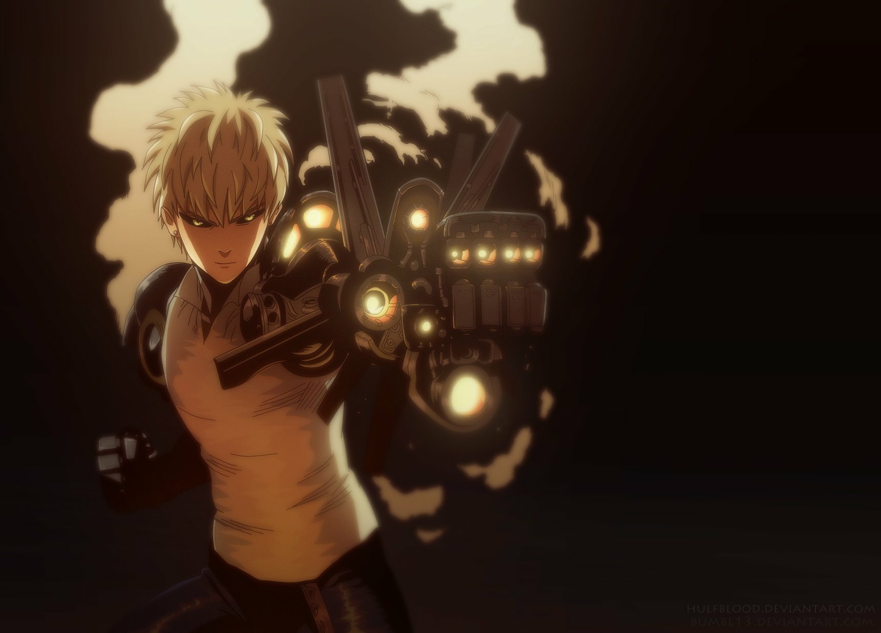 Genos from One-Punch Man anime HD desktop wallpaper: stern cyborg aiming a glowing arm-cannon, smoky effects and dramatic lighting against a dark background.