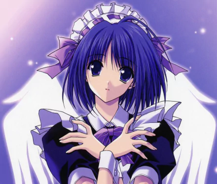 HD PC desktop wallpaper: anime angel maid with short blue hair and blue eyes, wearing a maid apron and ribbons, white wings spread behind her.