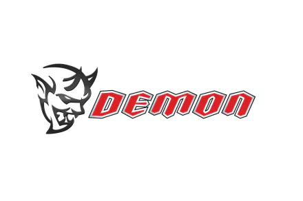 HD desktop wallpaper featuring a bold, stylized Dodge Challenger SRT Demon logo with a fierce demon head graphic and red lettering.