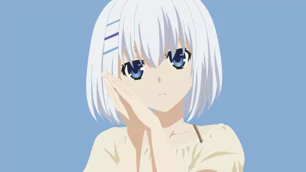 HD anime desktop wallpaper featuring Origami Tobiichi from Date A Live. She has short white hair, blue eyes, and a neutral expression, set against a light blue background.