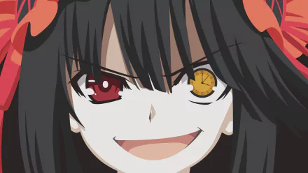 HD desktop wallpaper featuring Kurumi Tokisaki from the anime Date A Live, with a striking close-up of her expressive face and distinct red and yellow eyes.