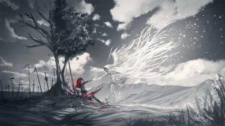 HD wallpaper of Ruby Rose from RWBY, showcasing a dramatic anime scene. Ruby in red is reaching out under a tree in a monochrome landscape with a spectral figure extending an arm toward her.