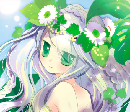leaf smile blush flower grey hair braid green eyes long hair Anime Original HD Desktop Wallpaper | Background Image