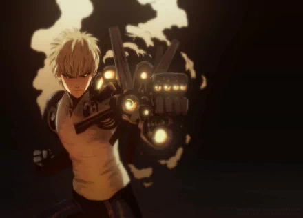 Genos from One-Punch Man anime HD desktop wallpaper: stern cyborg aiming a glowing arm-cannon, smoky effects and dramatic lighting against a dark background.