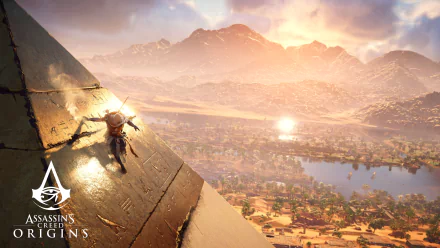 HD desktop wallpaper featuring Bayek of Siwa from Assassin's Creed Origins, scaling an ancient pyramid with a breathtaking Egyptian landscape in the background.
