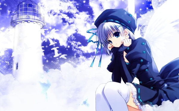 Anime Angel Cloud Wings Smile Short Hair Ribbon Hat Blue Eyes Grey Hair HD Wallpaper | Background Image