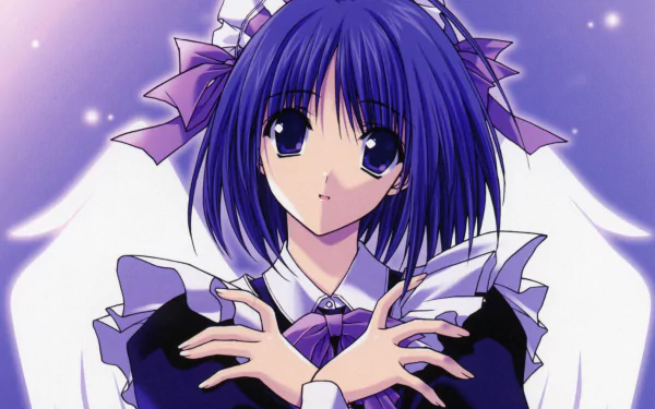 HD PC desktop wallpaper: anime angel maid with short blue hair and blue eyes, wearing a maid apron and ribbons, white wings spread behind her.
