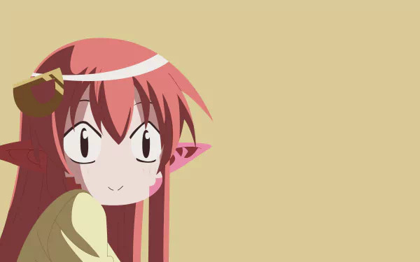 HD desktop wallpaper featuring Miia, a character from Everyday Life with Monster Girls (Monster Musume). The minimalist design showcases her red hair, long locks, pointed ears, and blush on a beige background.