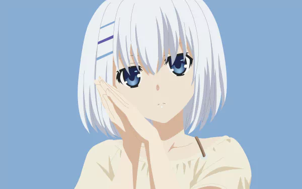 HD anime desktop wallpaper featuring Origami Tobiichi from Date A Live. She has short white hair, blue eyes, and a neutral expression, set against a light blue background.
