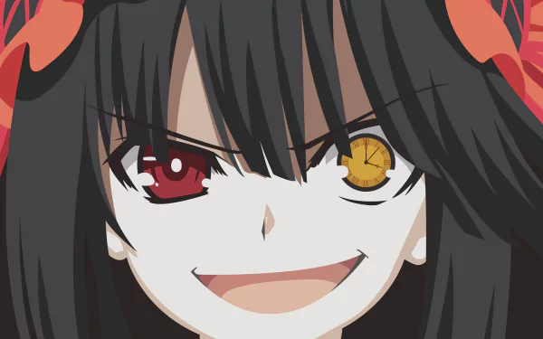 HD desktop wallpaper featuring Kurumi Tokisaki from the anime Date A Live, with a striking close-up of her expressive face and distinct red and yellow eyes.