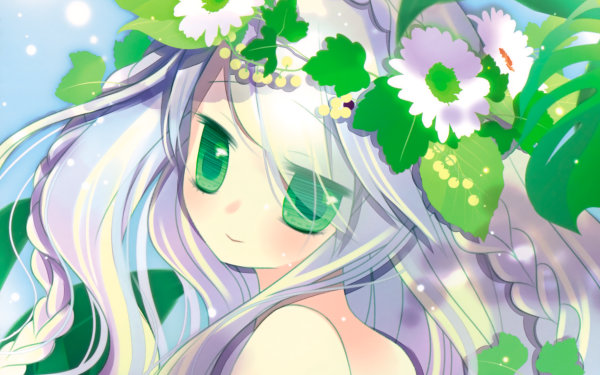 Anime Original Long Hair Green Eyes Braid Grey Hair Flower Blush Smile Leaf HD Wallpaper | Background Image