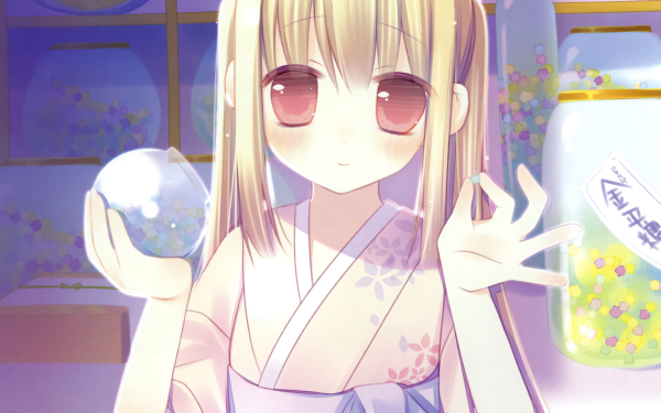 Anime Original Long Hair Kimono Blonde Red Eyes Twintails Blush Bead HD Wallpaper | Background Image