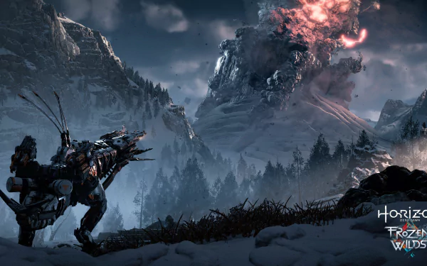 A 4K Ultra HD PC wallpaper from the video game Horizon Zero Dawn: The Frozen Wilds showing a snowy mountain landscape with a robotic creature and a towering, fiery machine.
