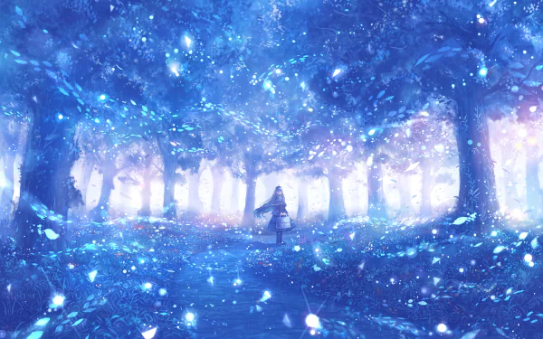 Anime-style HD desktop wallpaper featuring a glowing, ethereal forest scene with blue lights and a solitary figure standing amidst the trees.