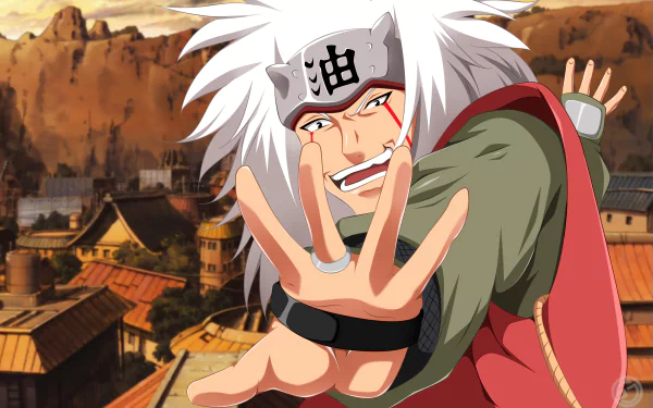 HD desktop wallpaper featuring Jiraiya from the anime Naruto, in an action pose with a village backdrop.