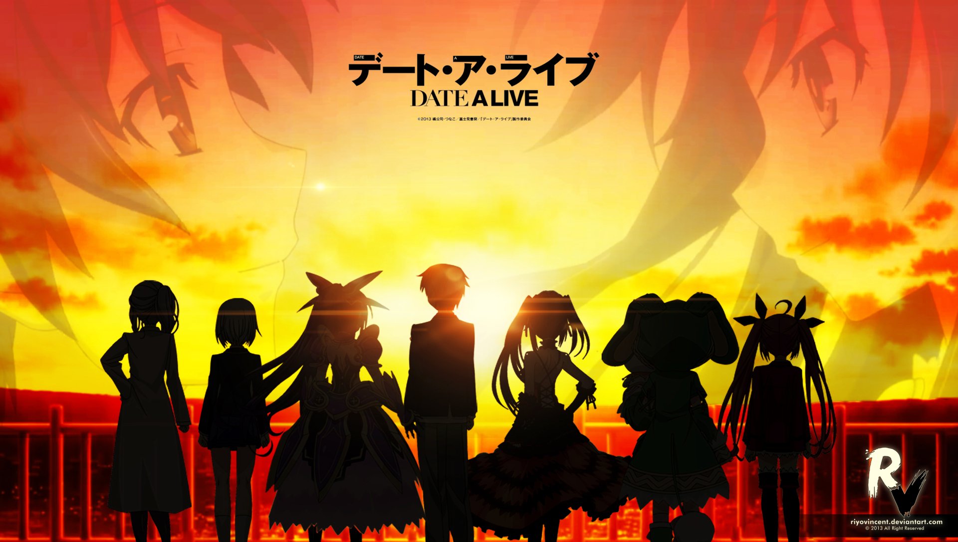 HD desktop wallpaper featuring silhouettes of characters from the anime Date A Live set against a vivid sunset background.