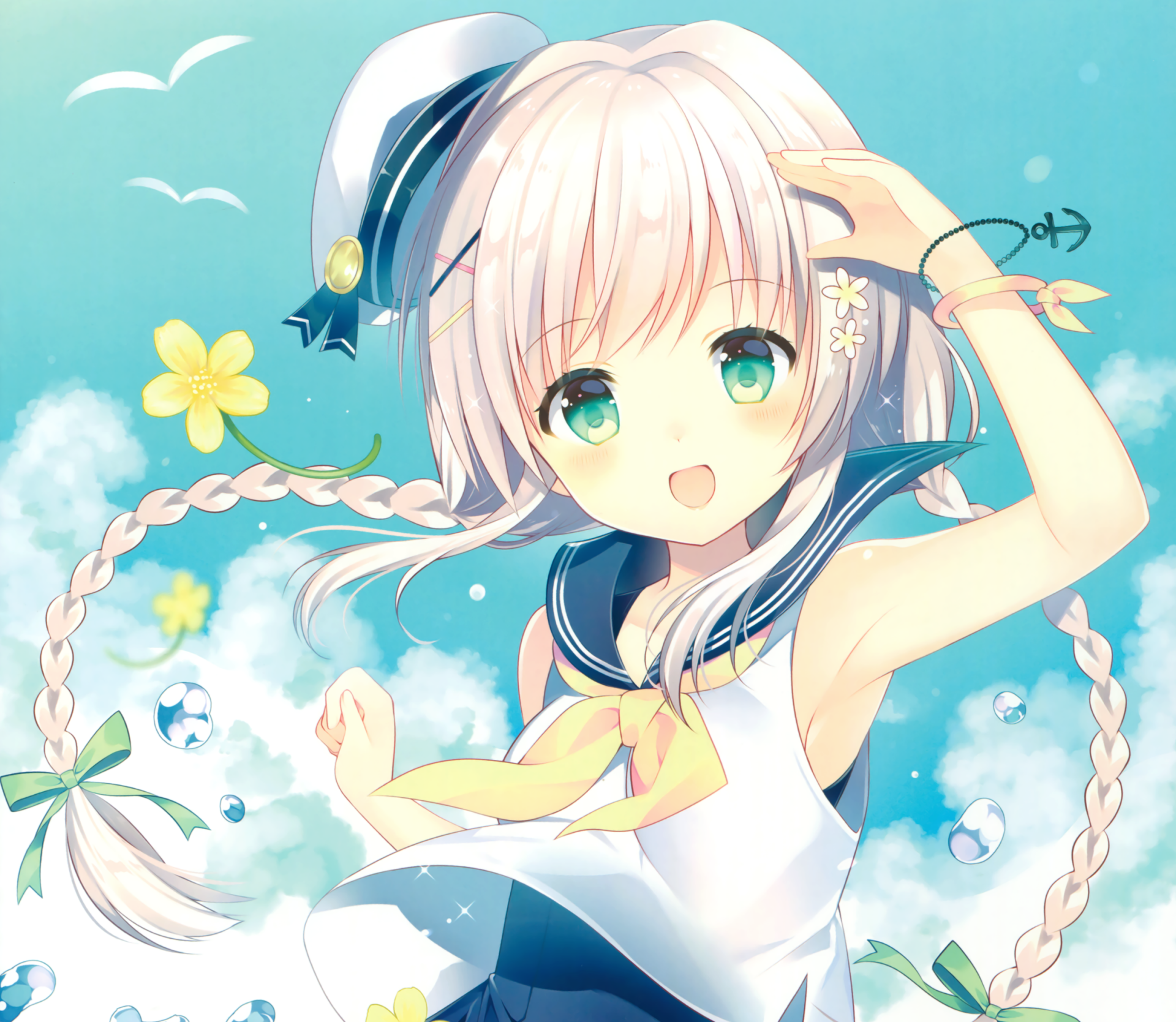 Download Bubble Flower Smile Blue Eyes Long Hair Blonde Braid Hat Anime Original HD Wallpaper by Wasabi (W.label)