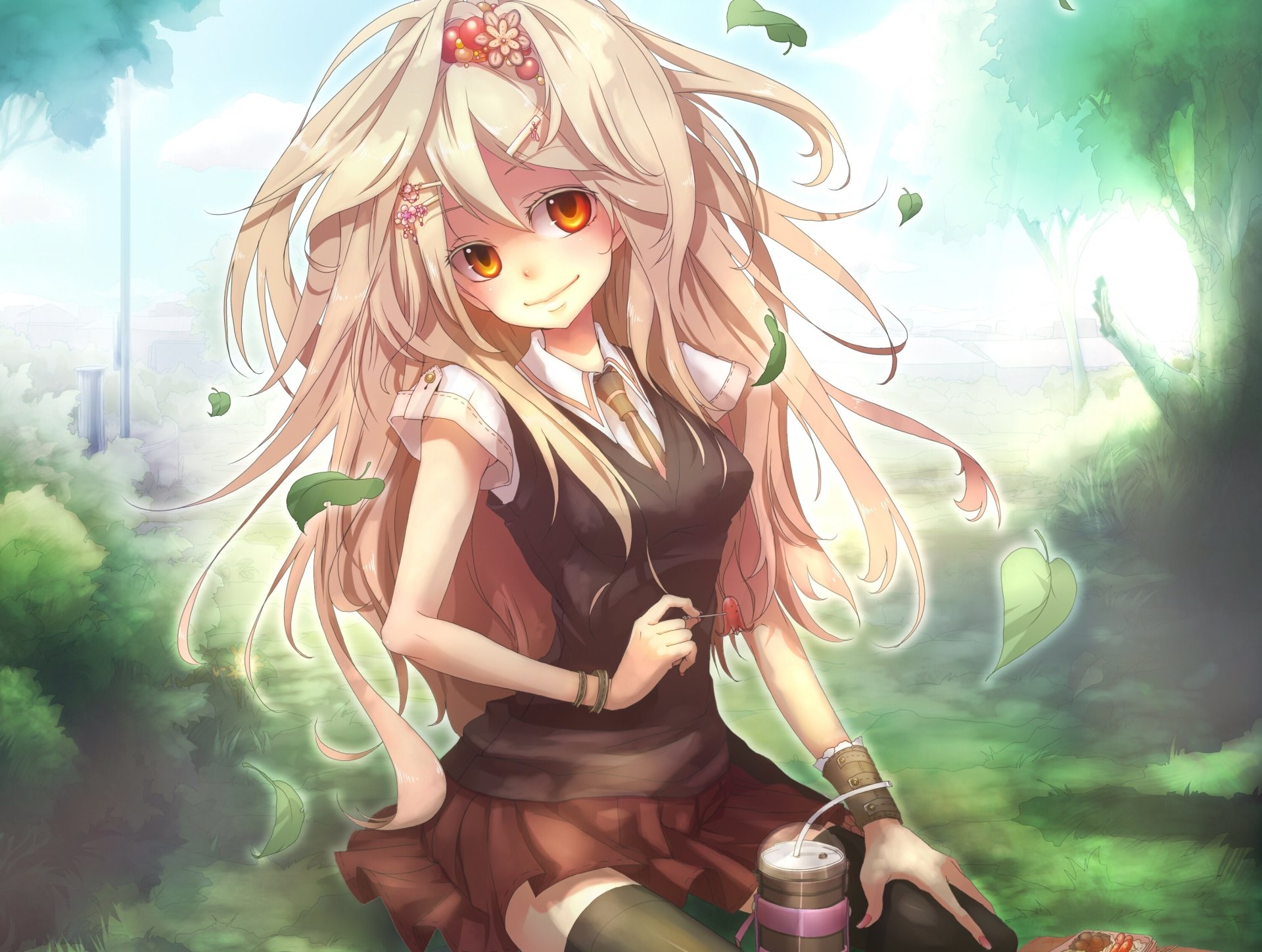 Download Tie Orange Eyes Flower Leaf Smile Blonde Long Hair Anime Original HD Wallpaper by Zerokichi