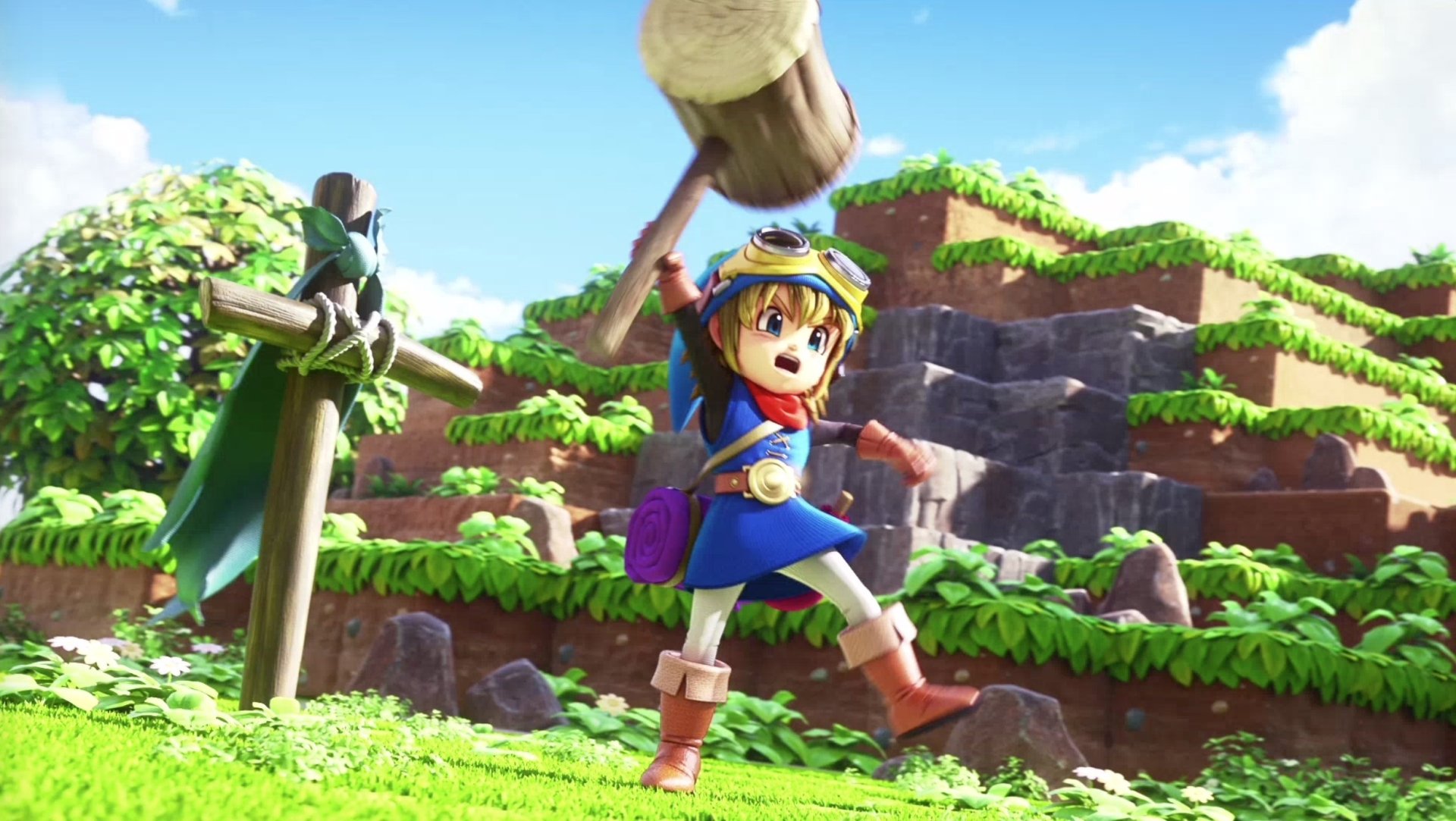 HD wallpaper of Dragon Quest Builders featuring the protagonist with a hammer in a vibrant landscape.