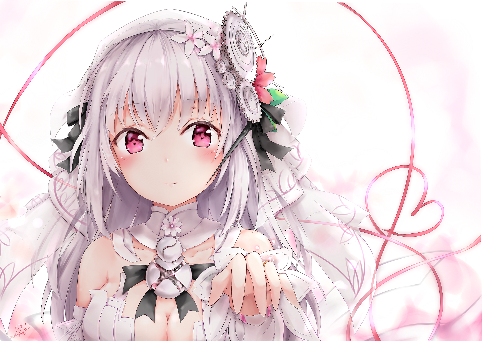 HD anime wallpaper featuring RyuZU from Clockwork Planet with white hair, pink eyes, and intricate clockwork-themed accessories on a soft pink and white background.
