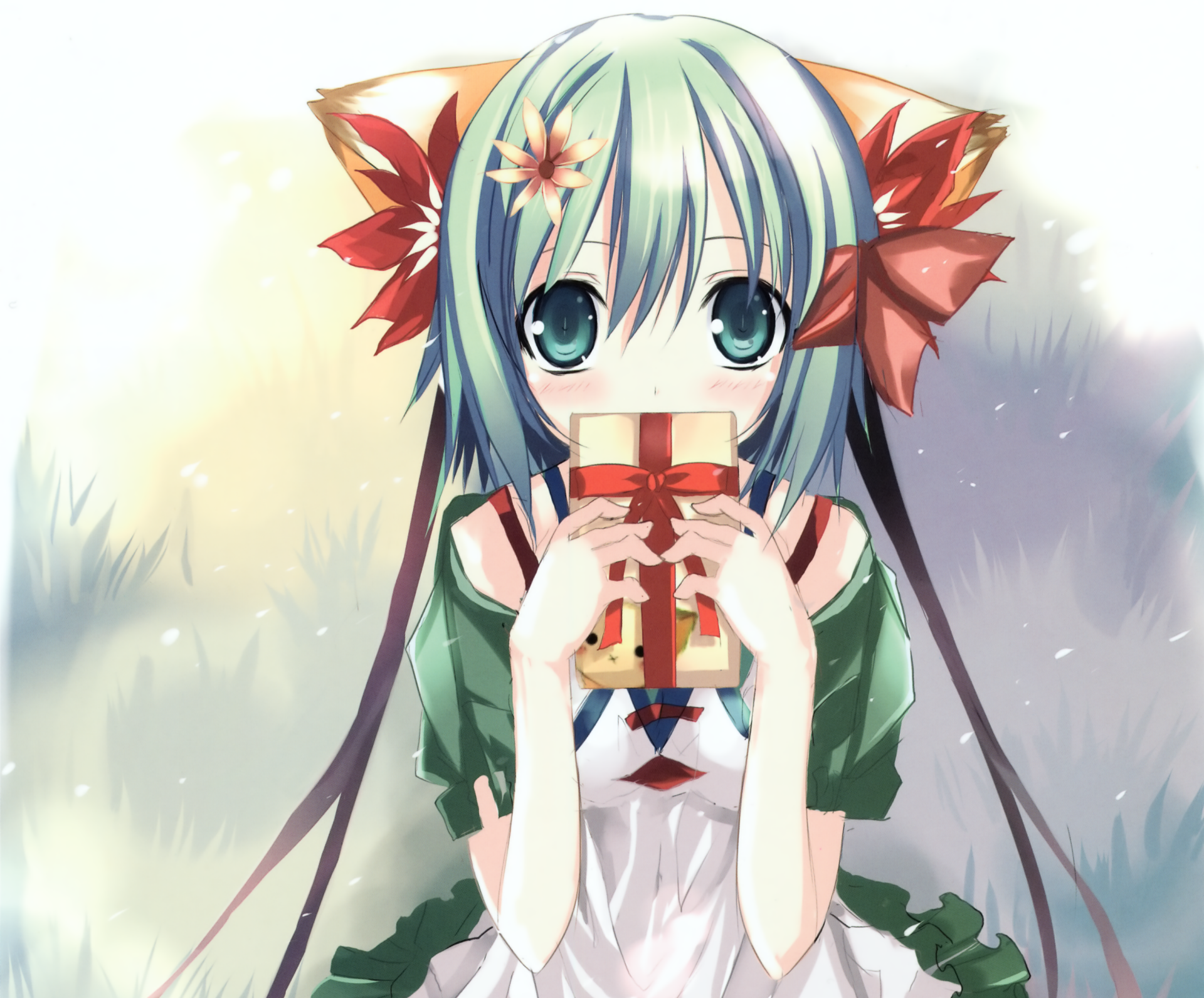 Download Flower Gift Short Hair Green Hair Blush Green Eyes Cat Girl Anime Original HD Wallpaper by 茨乃