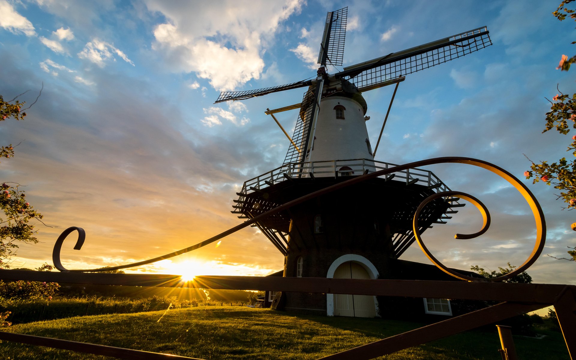 Download Cloud Sunbeam Sunrise Man Made Windmill HD Wallpaper